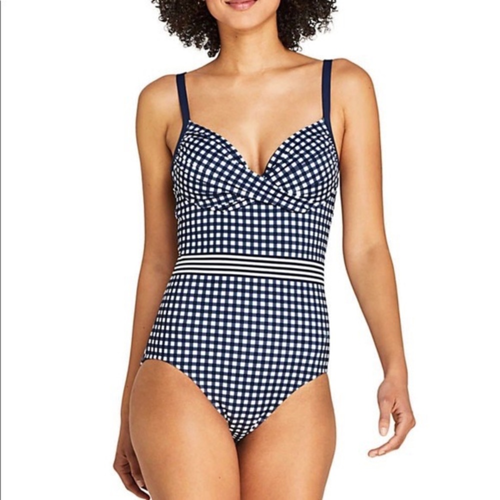Draper James Lands End One Piece Swimsuit Navy Blue Gingham Size 10 NWOT